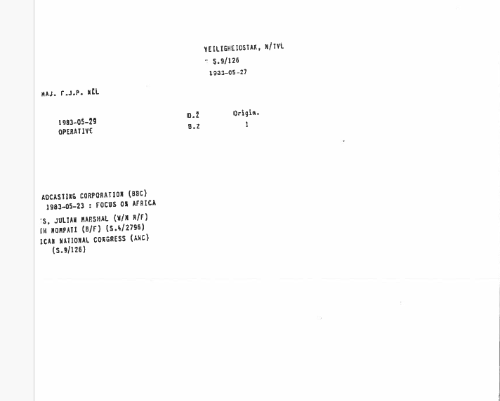 Interview with Ruth Mompati, by Julian Marshall, BBC Radio 'Focus on Africa', 23 May 1983